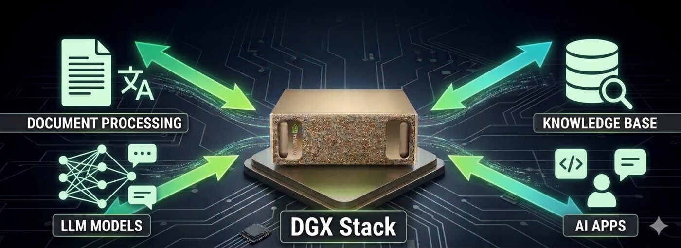 DGX Stack banner showing an NVIDIA DGX Spark running a vLLM chat model and OCR appliance